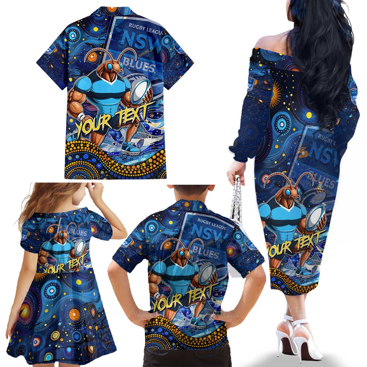 Personalised Mascot NSW Blues Rugby Family Matching Off The Shoulder Long Sleeve Dress and Hawaiian Shirt Aboriginal Galaxy