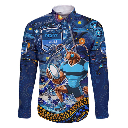 Personalised Mascot NSW Blues Rugby Family Matching Off The Shoulder Long Sleeve Dress and Hawaiian Shirt Aboriginal Galaxy