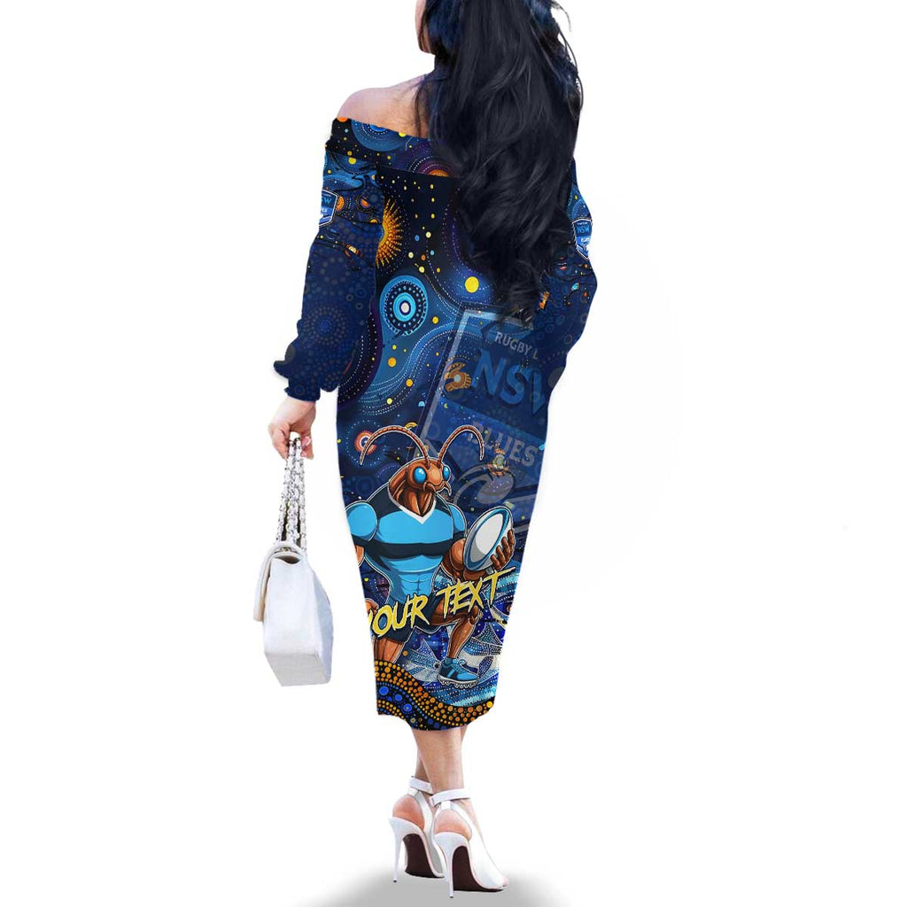 Personalised Mascot NSW Blues Rugby Family Matching Off The Shoulder Long Sleeve Dress and Hawaiian Shirt Aboriginal Galaxy