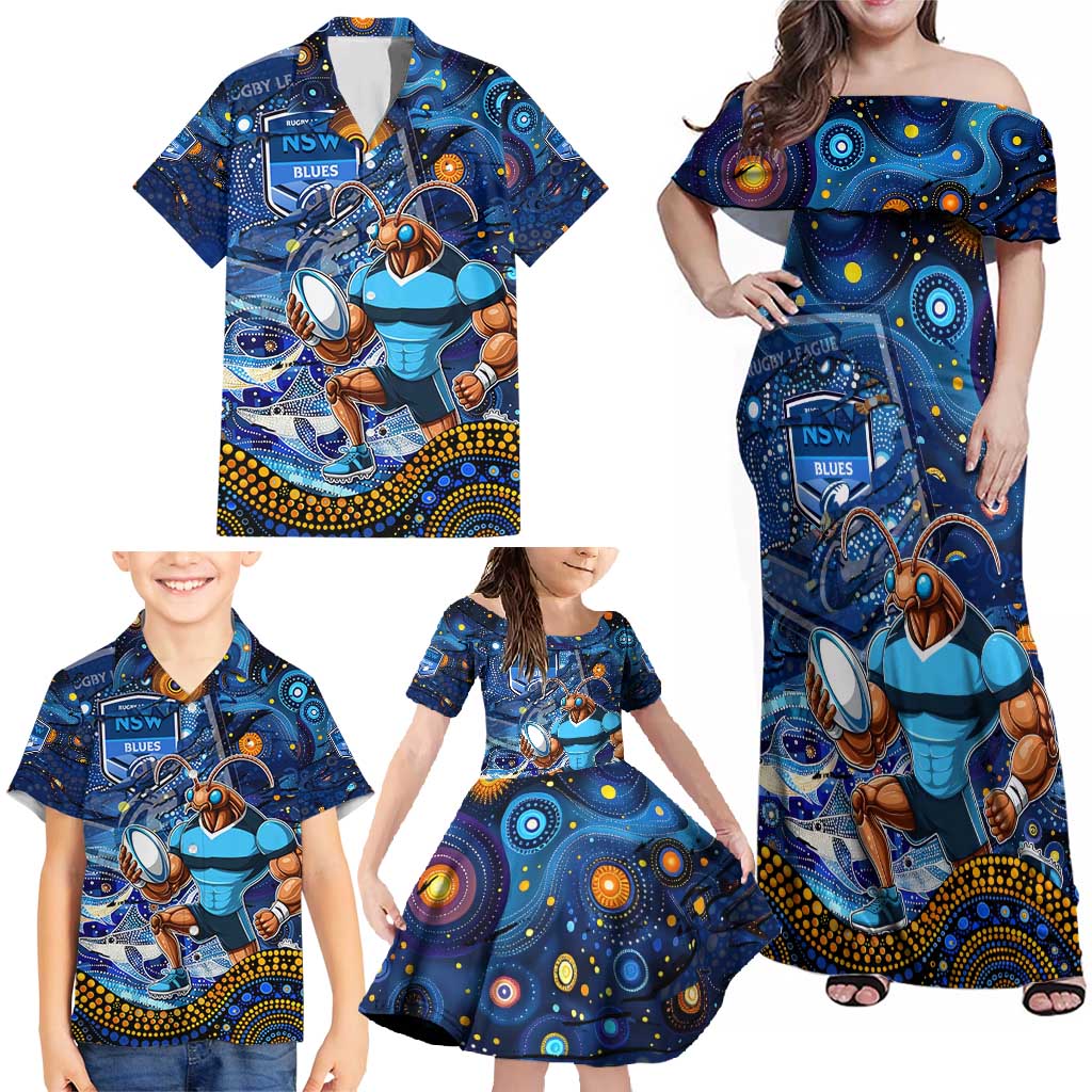Personalised Mascot NSW Blues Rugby Family Matching Off Shoulder Maxi Dress and Hawaiian Shirt Aboriginal Galaxy