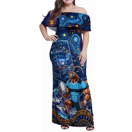 Personalised Mascot NSW Blues Rugby Family Matching Off Shoulder Maxi Dress and Hawaiian Shirt Aboriginal Galaxy