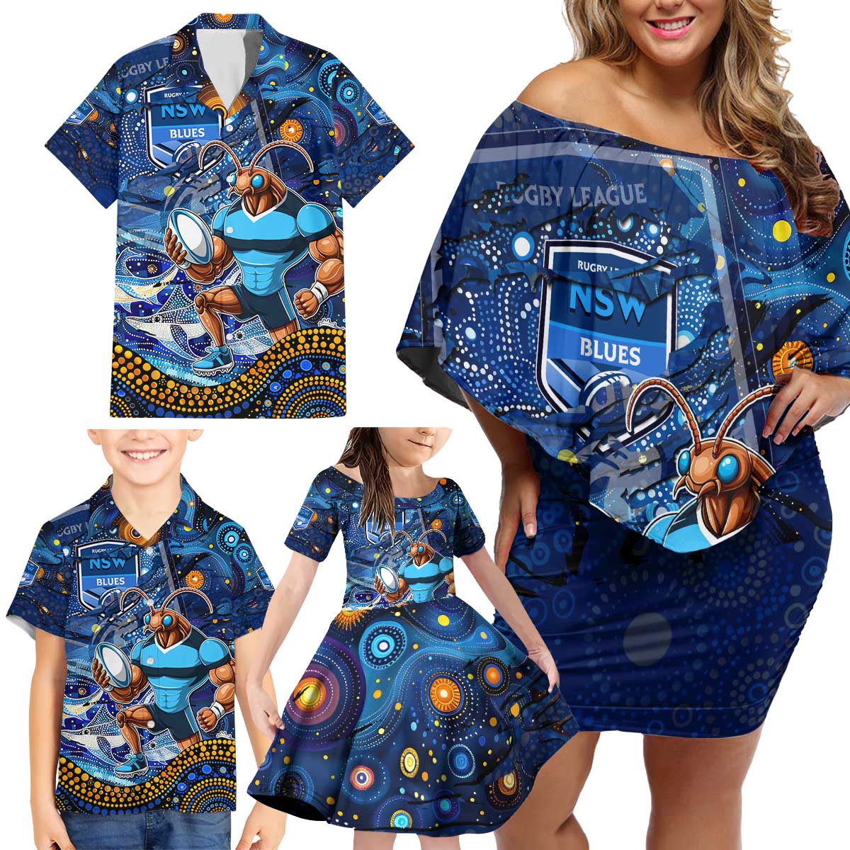 Personalised Mascot NSW Blues Rugby Family Matching Off Shoulder Short Dress and Hawaiian Shirt Aboriginal Galaxy