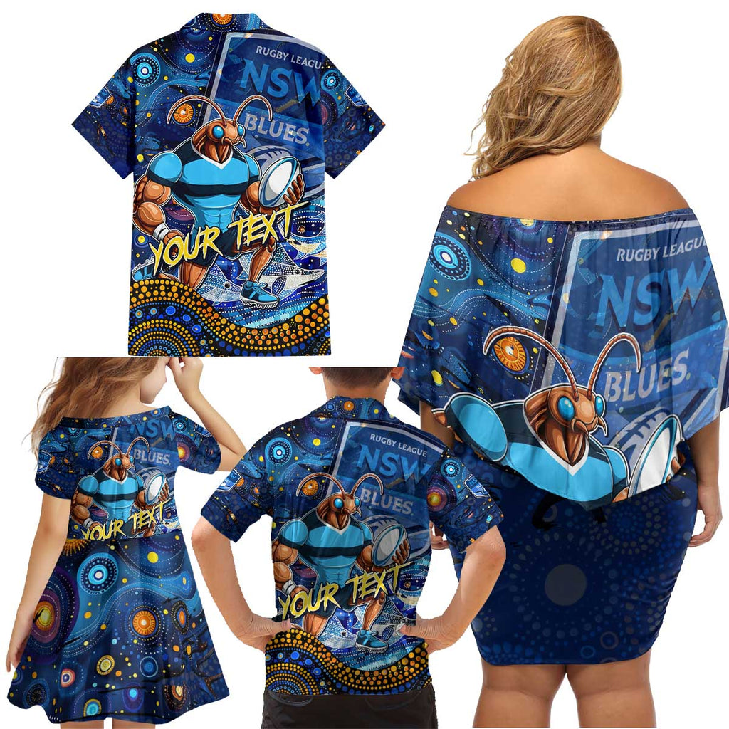 Personalised Mascot NSW Blues Rugby Family Matching Off Shoulder Short Dress and Hawaiian Shirt Aboriginal Galaxy