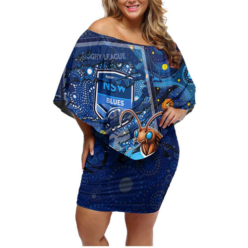Personalised Mascot NSW Blues Rugby Family Matching Off Shoulder Short Dress and Hawaiian Shirt Aboriginal Galaxy
