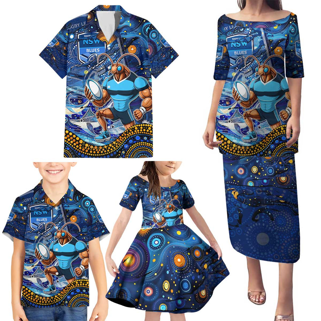 Personalised Mascot NSW Blues Rugby Family Matching Puletasi and Hawaiian Shirt Aboriginal Galaxy