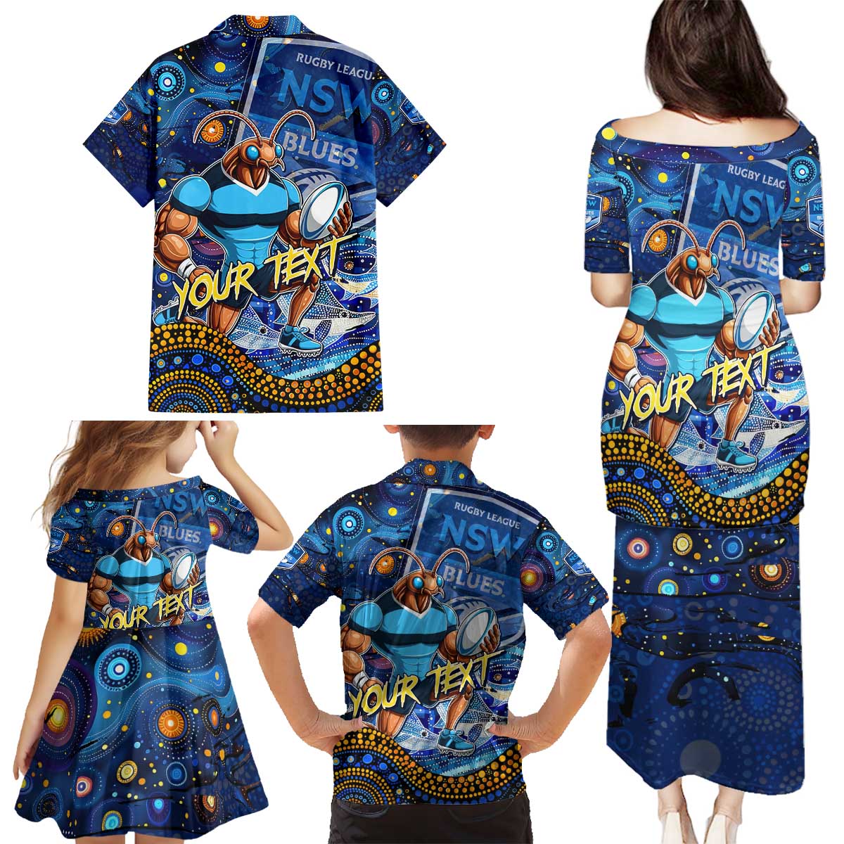Personalised Mascot NSW Blues Rugby Family Matching Puletasi and Hawaiian Shirt Aboriginal Galaxy