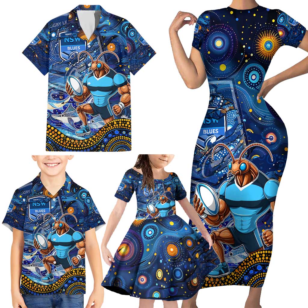 Personalised Mascot NSW Blues Rugby Family Matching Short Sleeve Bodycon Dress and Hawaiian Shirt Aboriginal Galaxy