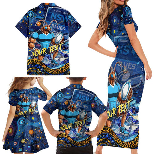 Personalised Mascot NSW Blues Rugby Family Matching Short Sleeve Bodycon Dress and Hawaiian Shirt Aboriginal Galaxy