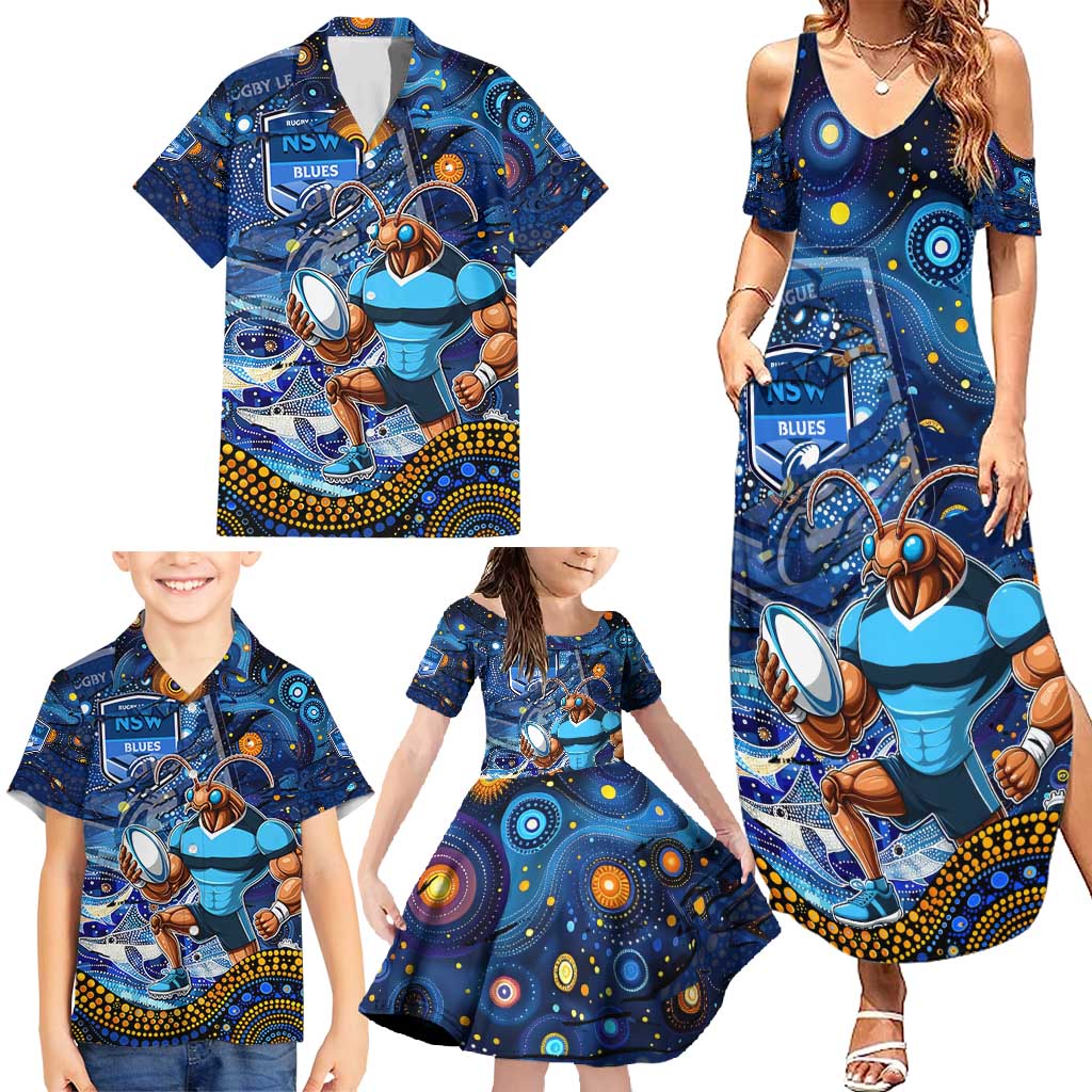 Personalised Mascot NSW Blues Rugby Family Matching Summer Maxi Dress and Hawaiian Shirt Aboriginal Galaxy