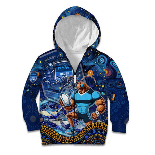 Personalised Mascot NSW Blues Rugby Kid Hoodie Aboriginal Galaxy