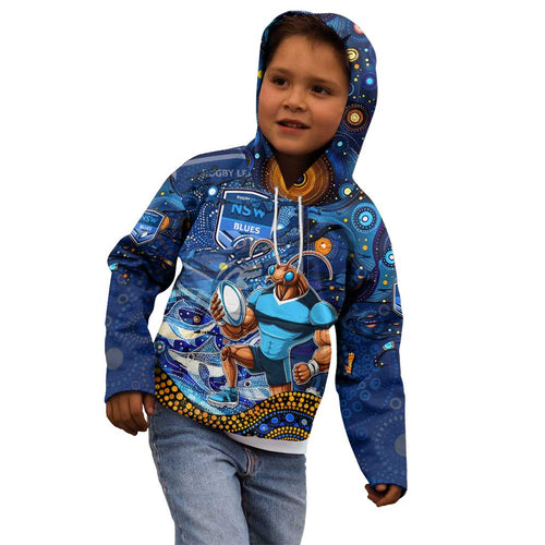 Personalised Mascot NSW Blues Rugby Kid Hoodie Aboriginal Galaxy