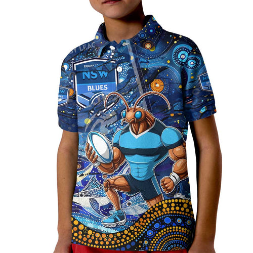 Personalised Mascot NSW Blues Rugby Kid Polo Shirt Aboriginal Galaxy