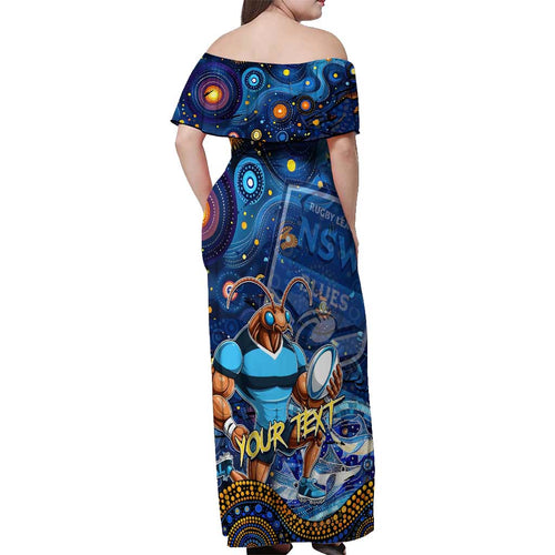 Personalised Mascot NSW Blues Rugby Off Shoulder Maxi Dress Aboriginal Galaxy