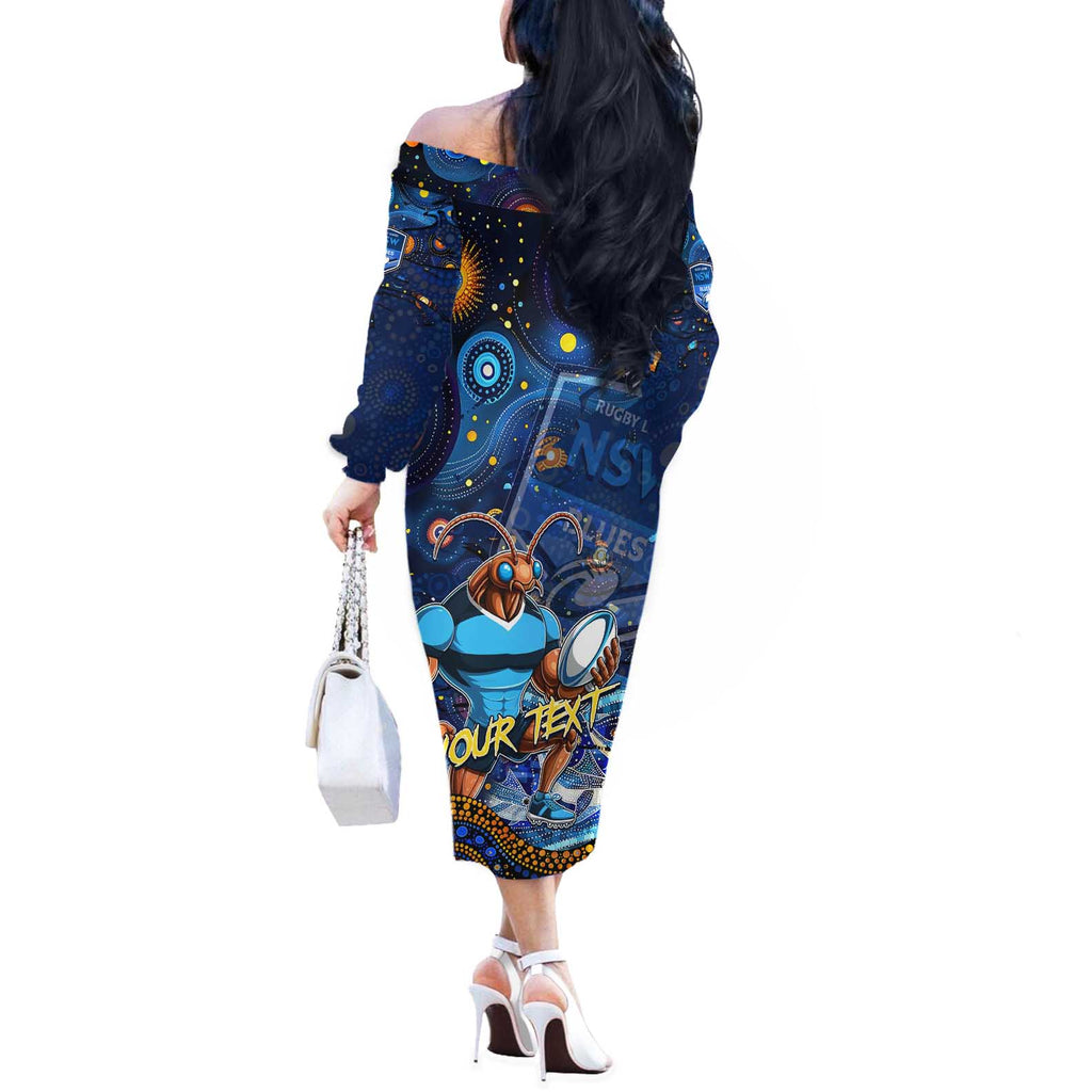 Personalised Mascot NSW Blues Rugby Off The Shoulder Long Sleeve Dress Aboriginal Galaxy