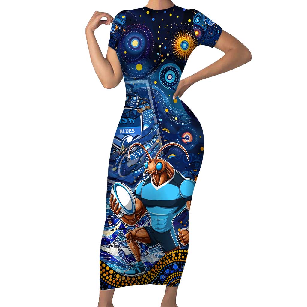Personalised Mascot NSW Blues Rugby Short Sleeve Bodycon Dress Aboriginal Galaxy