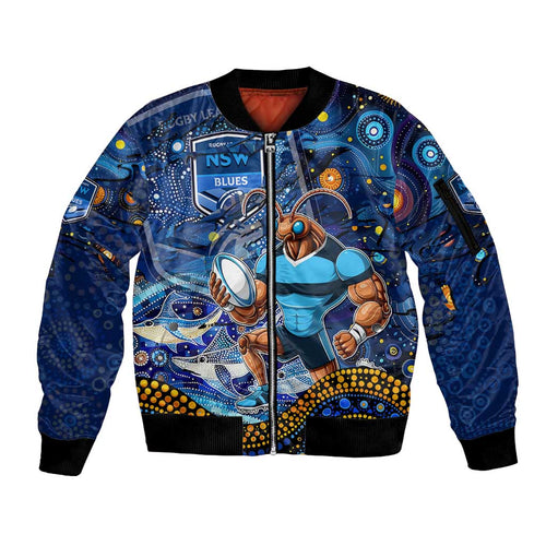 Personalised Mascot NSW Blues Rugby Sleeve Zip Bomber Jacket Aboriginal Galaxy