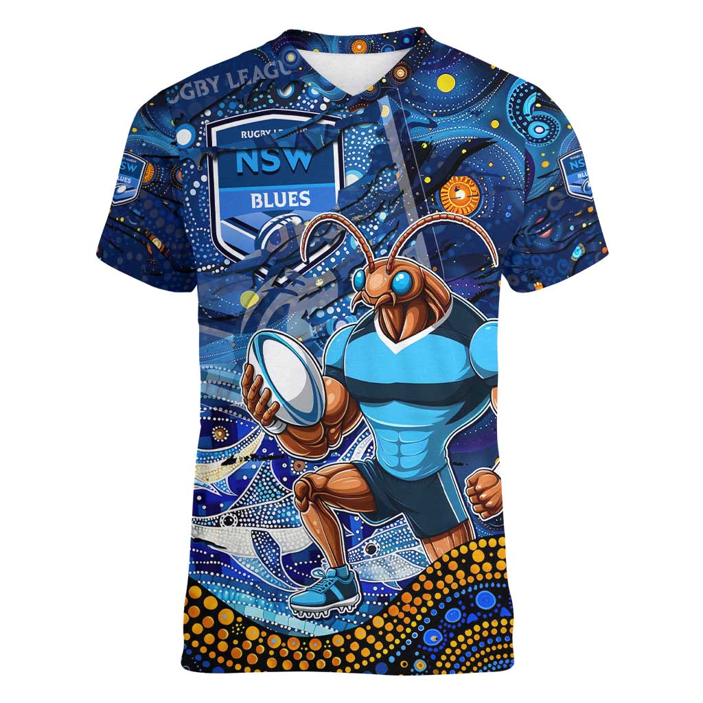 Personalised Mascot NSW Blues Rugby Women V-Neck T-Shirt Aboriginal Galaxy