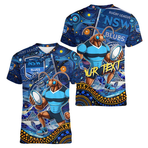 Personalised Mascot NSW Blues Rugby Women V-Neck T-Shirt Aboriginal Galaxy