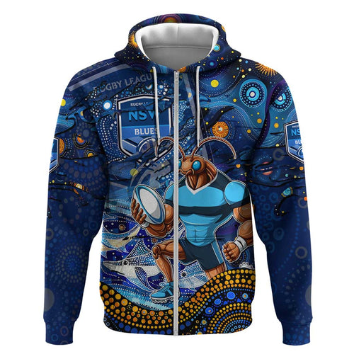 Personalised Mascot NSW Blues Rugby Zip Hoodie Aboriginal Galaxy