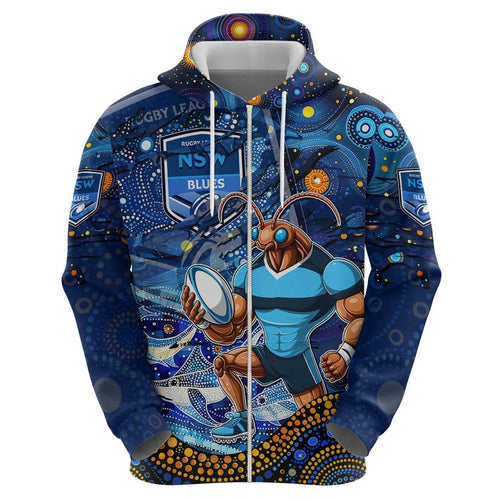 Personalised Mascot NSW Blues Rugby Zip Hoodie Aboriginal Galaxy