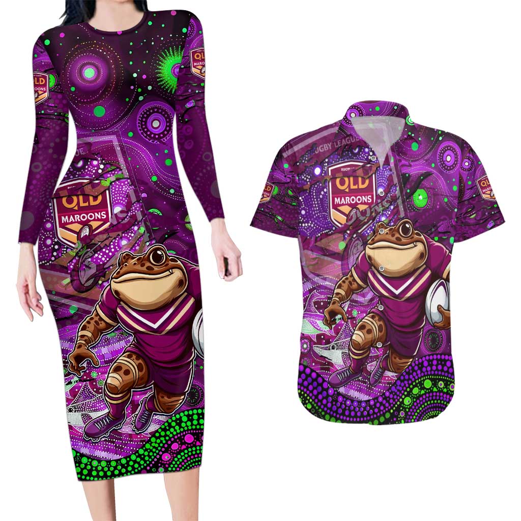 Personalised Mascot Queensland Maroons Rugby Couples Matching Long Sleeve Bodycon Dress and Hawaiian Shirt Aboriginal Galaxy