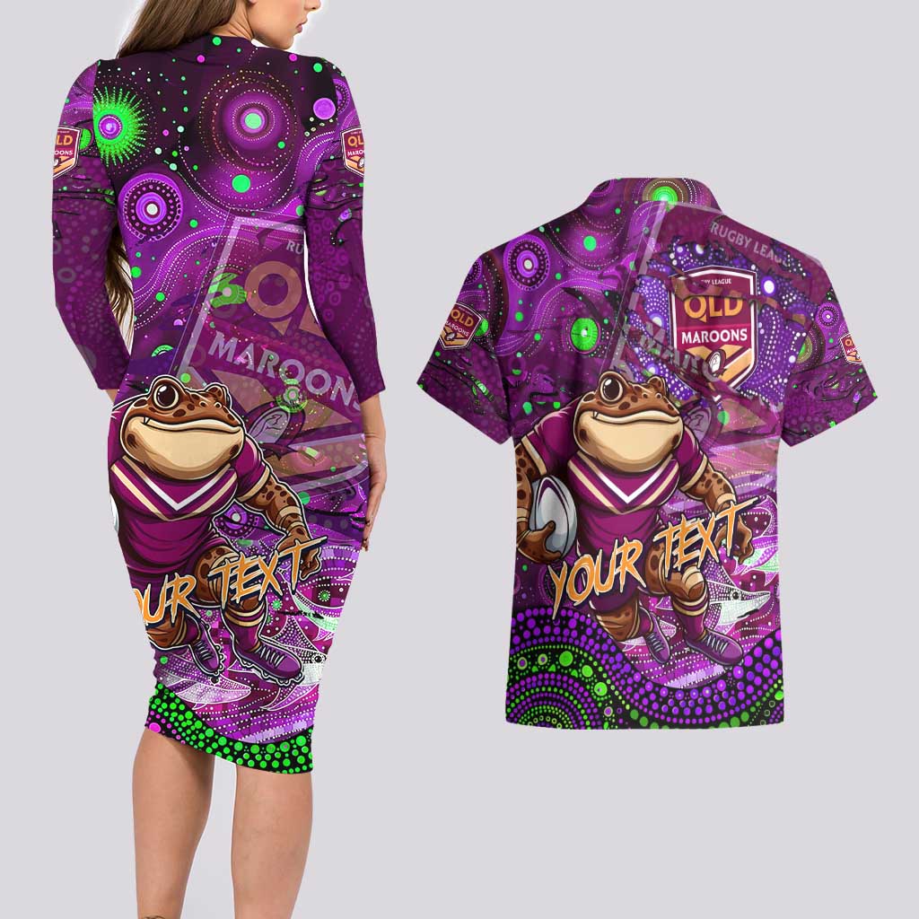 Personalised Mascot Queensland Maroons Rugby Couples Matching Long Sleeve Bodycon Dress and Hawaiian Shirt Aboriginal Galaxy