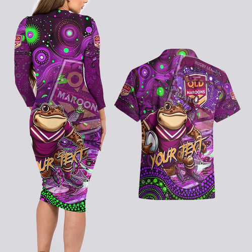 Personalised Mascot Queensland Maroons Rugby Couples Matching Long Sleeve Bodycon Dress and Hawaiian Shirt Aboriginal Galaxy