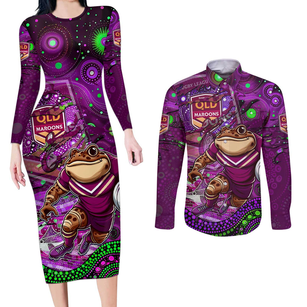 Personalised Mascot Queensland Maroons Rugby Couples Matching Long Sleeve Bodycon Dress and Long Sleeve Button Shirt Aboriginal Galaxy