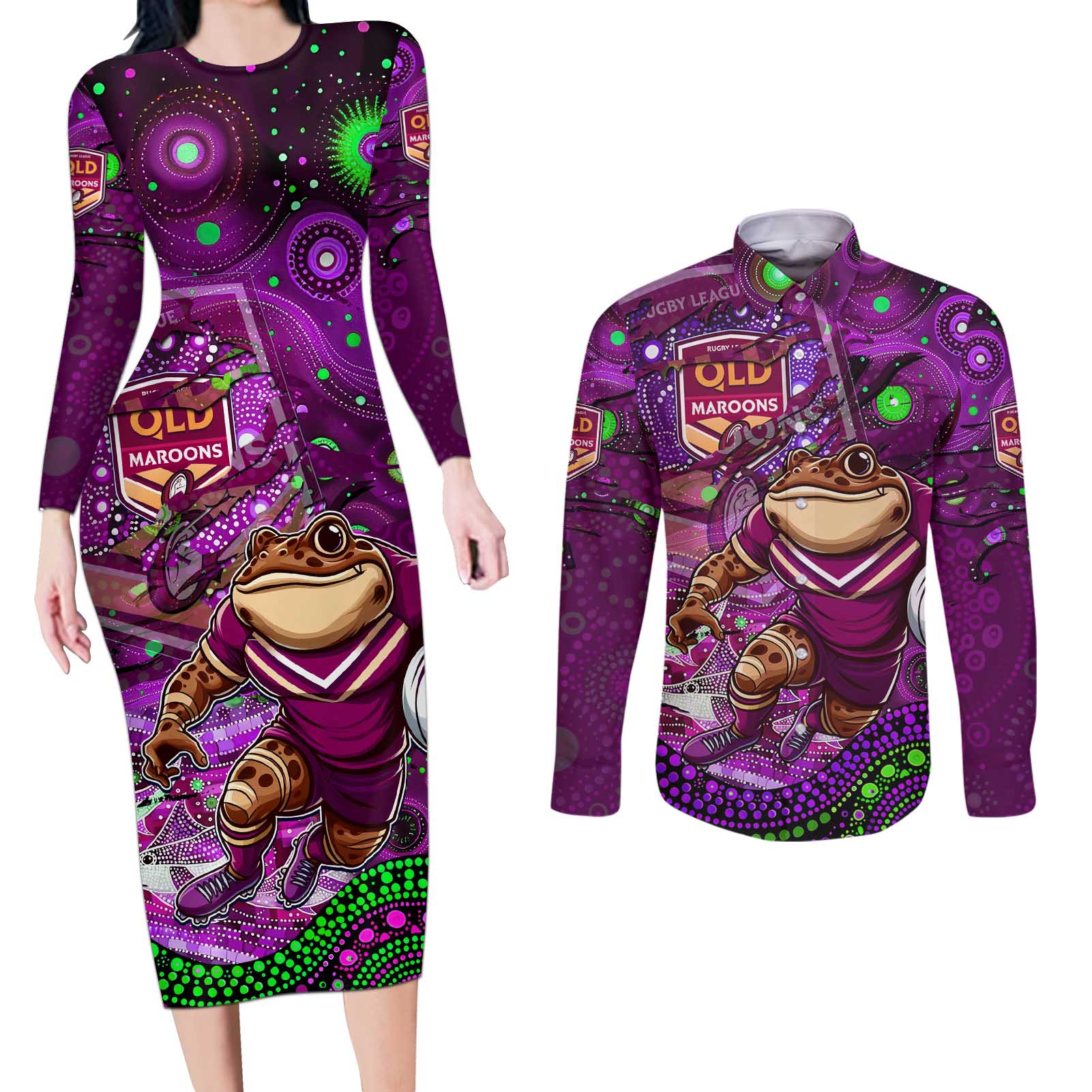 Personalised Mascot Queensland Maroons Rugby Couples Matching Long Sleeve Bodycon Dress and Long Sleeve Button Shirt Aboriginal Galaxy