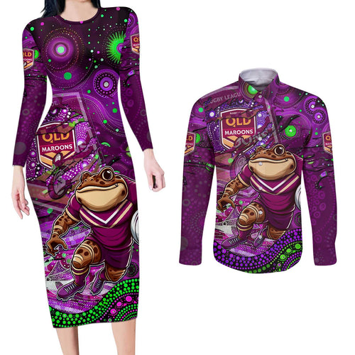 Personalised Mascot Queensland Maroons Rugby Couples Matching Long Sleeve Bodycon Dress and Long Sleeve Button Shirt Aboriginal Galaxy