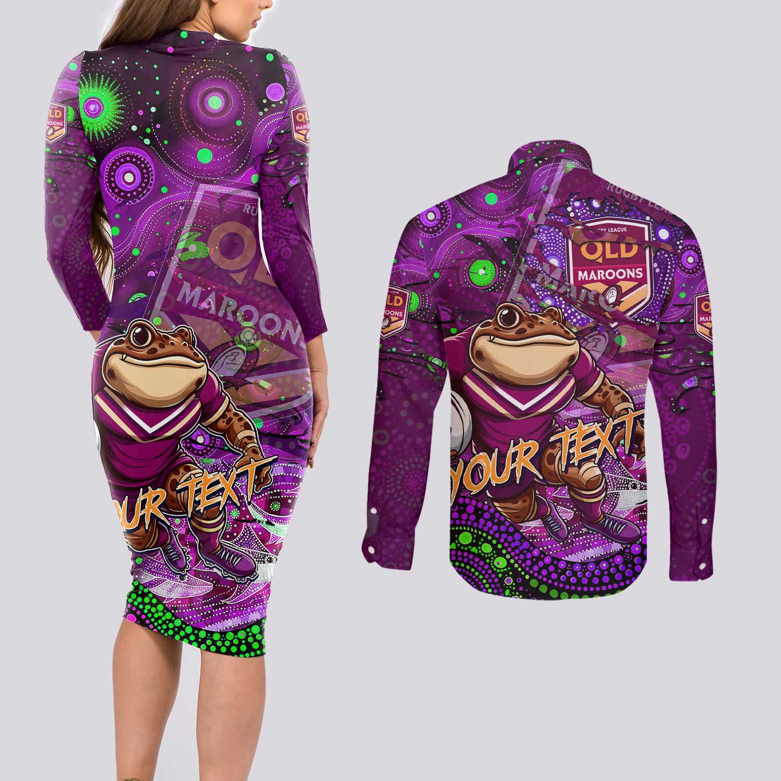 Personalised Mascot Queensland Maroons Rugby Couples Matching Long Sleeve Bodycon Dress and Long Sleeve Button Shirt Aboriginal Galaxy