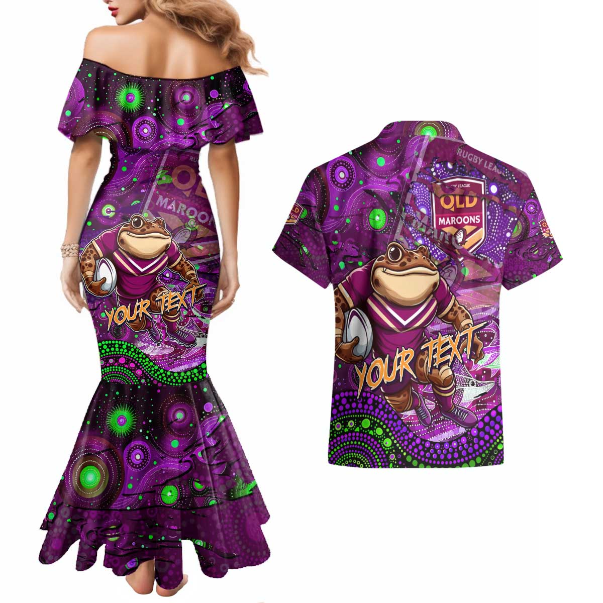 Personalised Mascot Queensland Maroons Rugby Couples Matching Mermaid Dress and Hawaiian Shirt Aboriginal Galaxy