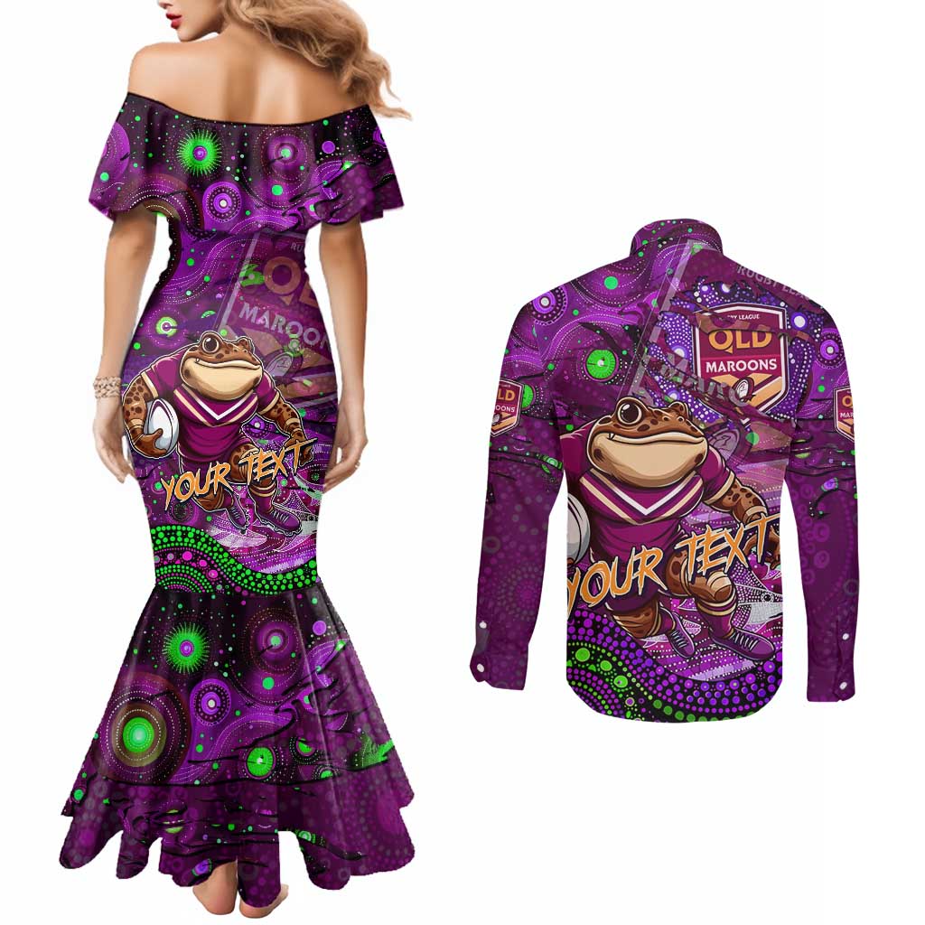 Personalised Mascot Queensland Maroons Rugby Couples Matching Mermaid Dress and Long Sleeve Button Shirt Aboriginal Galaxy
