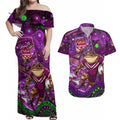 Personalised Mascot Queensland Maroons Rugby Couples Matching Off Shoulder Maxi Dress and Hawaiian Shirt Aboriginal Galaxy