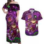 Personalised Mascot Queensland Maroons Rugby Couples Matching Off Shoulder Maxi Dress and Hawaiian Shirt Aboriginal Galaxy
