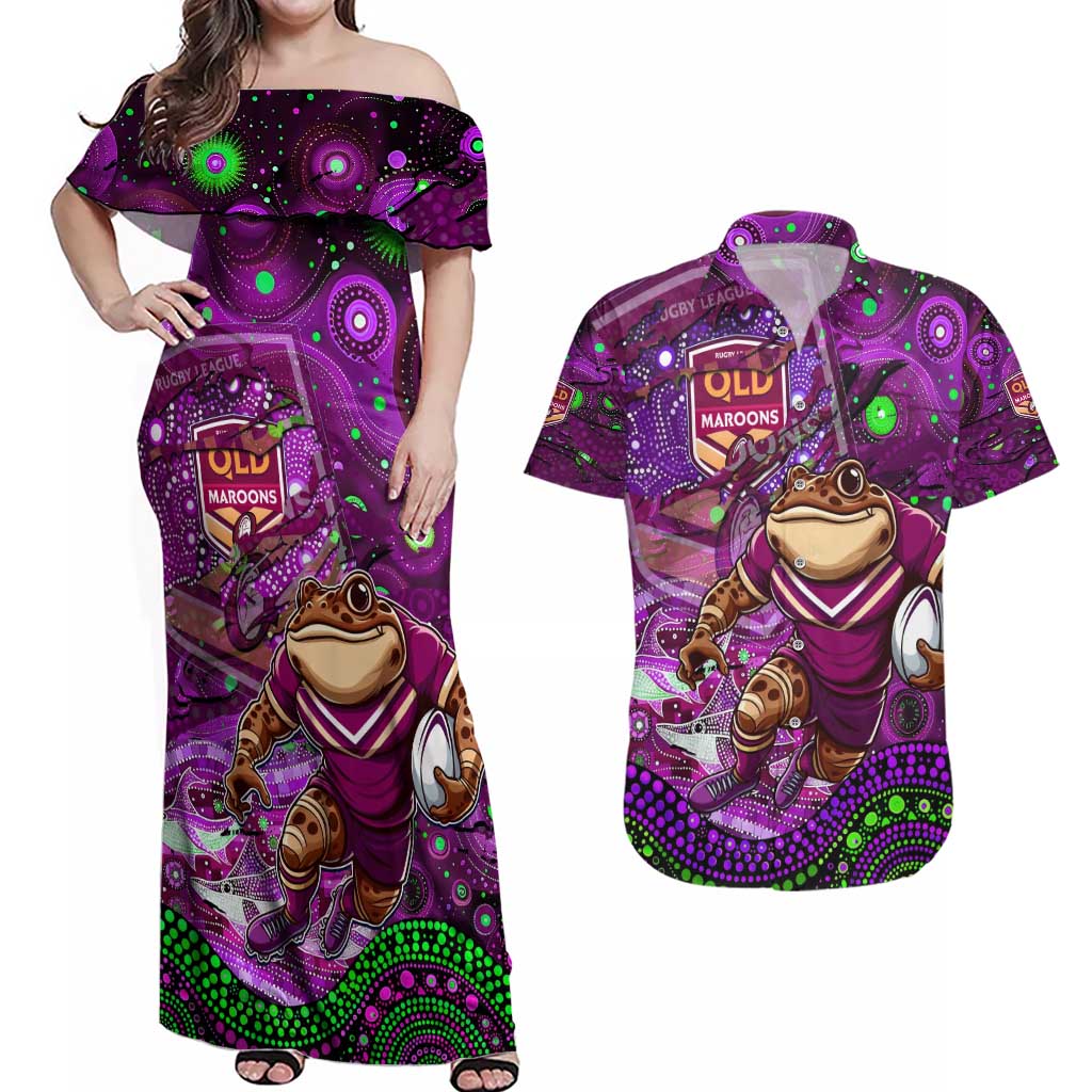 Personalised Mascot Queensland Maroons Rugby Couples Matching Off Shoulder Maxi Dress and Hawaiian Shirt Aboriginal Galaxy