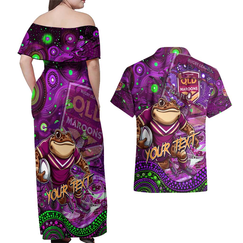 Personalised Mascot Queensland Maroons Rugby Couples Matching Off Shoulder Maxi Dress and Hawaiian Shirt Aboriginal Galaxy