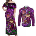 Personalised Mascot Queensland Maroons Rugby Couples Matching Off Shoulder Maxi Dress and Long Sleeve Button Shirt Aboriginal Galaxy