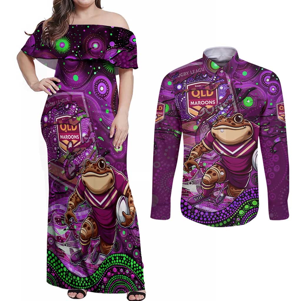 Personalised Mascot Queensland Maroons Rugby Couples Matching Off Shoulder Maxi Dress and Long Sleeve Button Shirt Aboriginal Galaxy