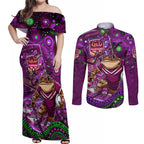 Personalised Mascot Queensland Maroons Rugby Couples Matching Off Shoulder Maxi Dress and Long Sleeve Button Shirt Aboriginal Galaxy