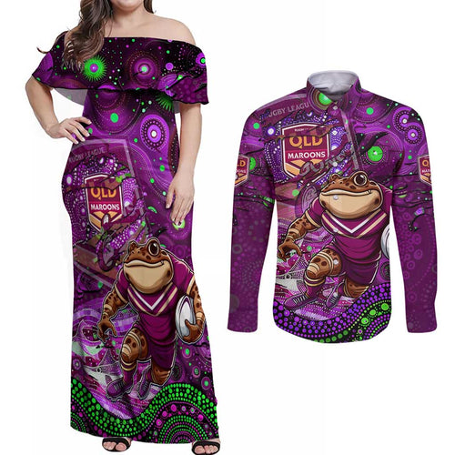 Personalised Mascot Queensland Maroons Rugby Couples Matching Off Shoulder Maxi Dress and Long Sleeve Button Shirt Aboriginal Galaxy