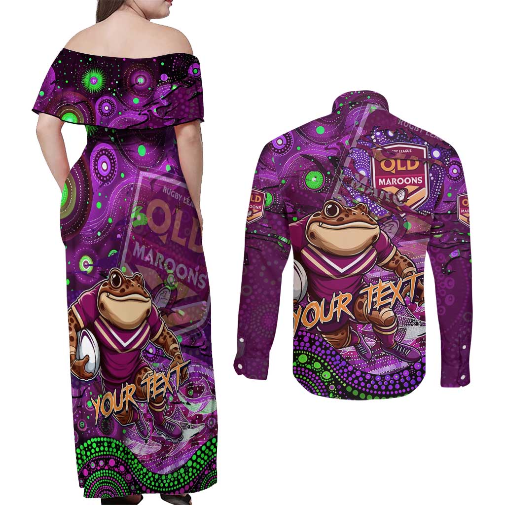 Personalised Mascot Queensland Maroons Rugby Couples Matching Off Shoulder Maxi Dress and Long Sleeve Button Shirt Aboriginal Galaxy