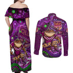 Personalised Mascot Queensland Maroons Rugby Couples Matching Off Shoulder Maxi Dress and Long Sleeve Button Shirt Aboriginal Galaxy
