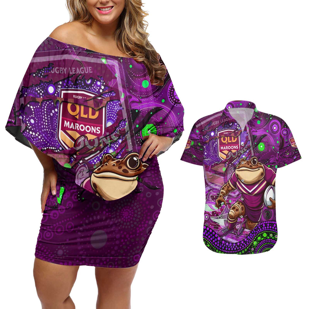 Personalised Mascot Queensland Maroons Rugby Couples Matching Off Shoulder Short Dress and Hawaiian Shirt Aboriginal Galaxy