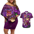 Personalised Mascot Queensland Maroons Rugby Couples Matching Off Shoulder Short Dress and Hawaiian Shirt Aboriginal Galaxy