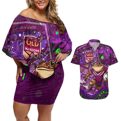 Personalised Mascot Queensland Maroons Rugby Couples Matching Off Shoulder Short Dress and Hawaiian Shirt Aboriginal Galaxy