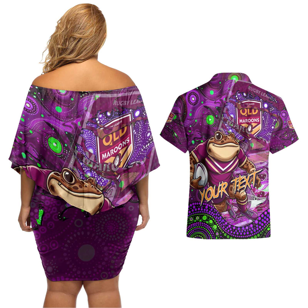 Personalised Mascot Queensland Maroons Rugby Couples Matching Off Shoulder Short Dress and Hawaiian Shirt Aboriginal Galaxy