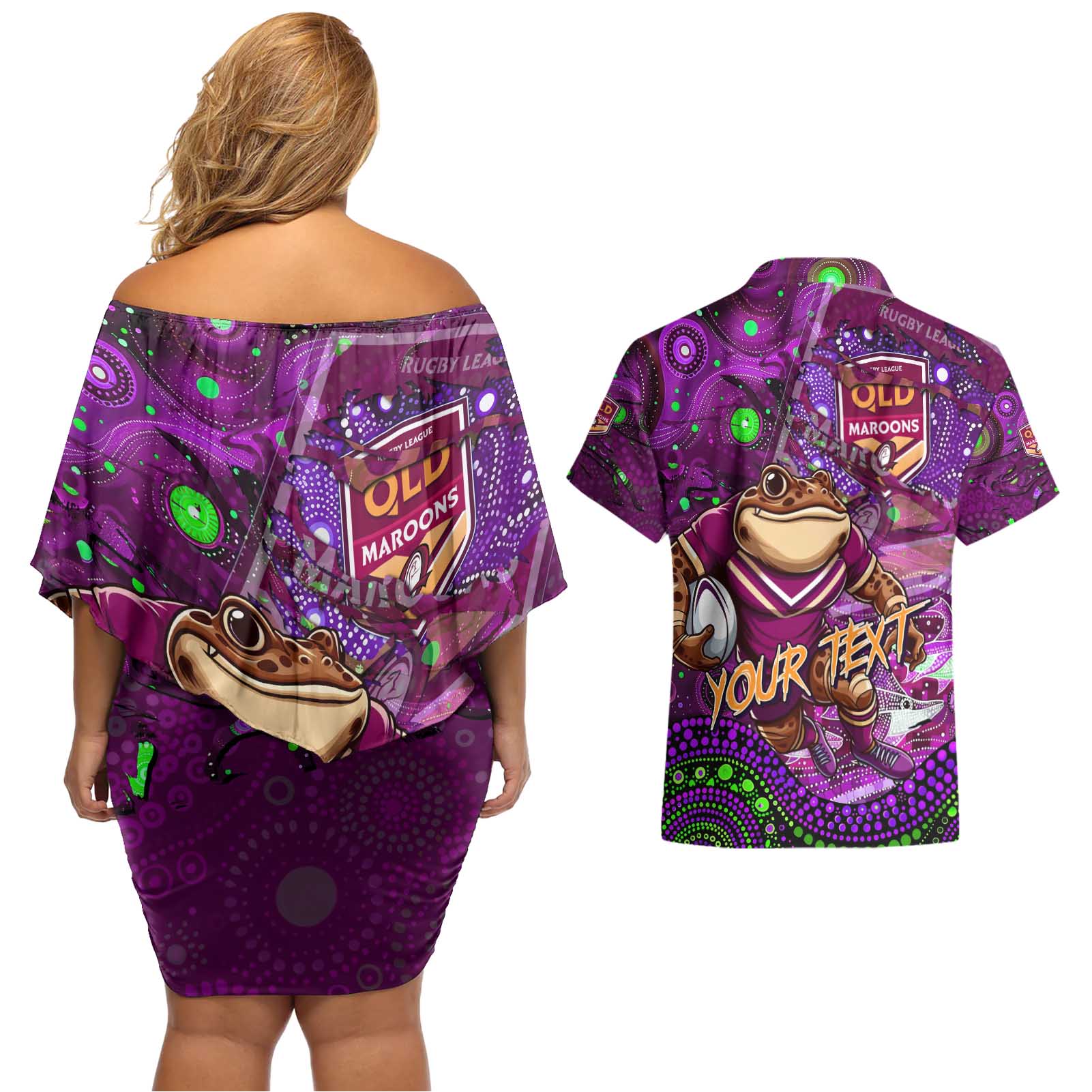 Personalised Mascot Queensland Maroons Rugby Couples Matching Off Shoulder Short Dress and Hawaiian Shirt Aboriginal Galaxy