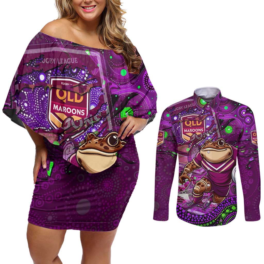 Personalised Mascot Queensland Maroons Rugby Couples Matching Off Shoulder Short Dress and Long Sleeve Button Shirt Aboriginal Galaxy