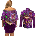Personalised Mascot Queensland Maroons Rugby Couples Matching Off Shoulder Short Dress and Long Sleeve Button Shirt Aboriginal Galaxy